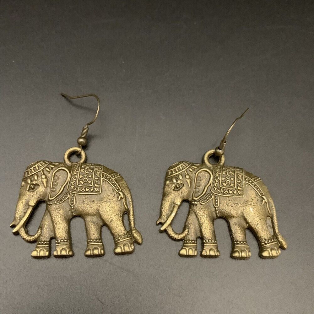 Vintage Elephant Dangle Drop Earrings Rustic Gold Tone Color